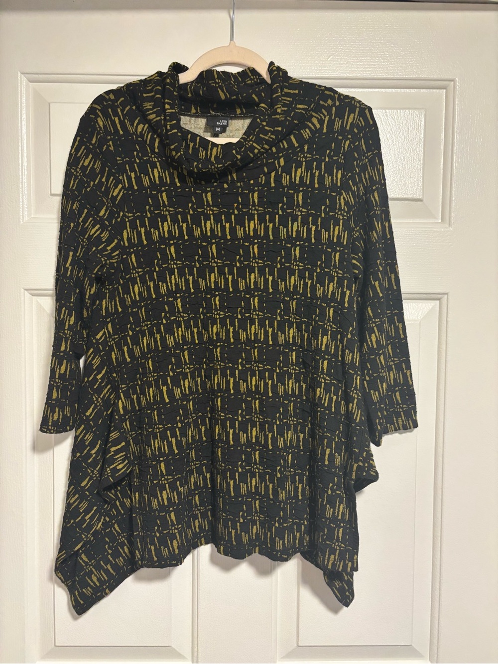 Lisa Bayne Medium Cowl-Neck Tunic in Black and Olive Green Print